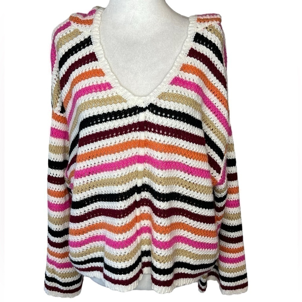 POL crochet multicolor striped bell sleeve hooded cardigan colorful size medium